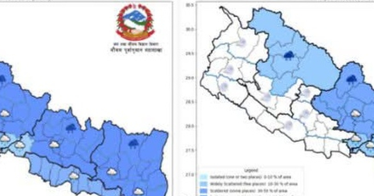 देशका अधिकांश भूभागमा वर्षाको सम्भावना, कोशीका केही स्थानमा भारी वर्षा हुन सक्ने
