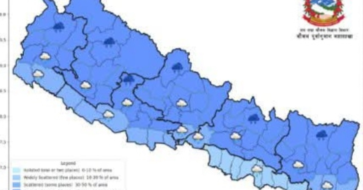 आज देशका अधिकांश क्षेत्रमा वर्षाको सम्भावना, केही स्थानमा भारी वर्षा र हावाहुरीको चेतावनी